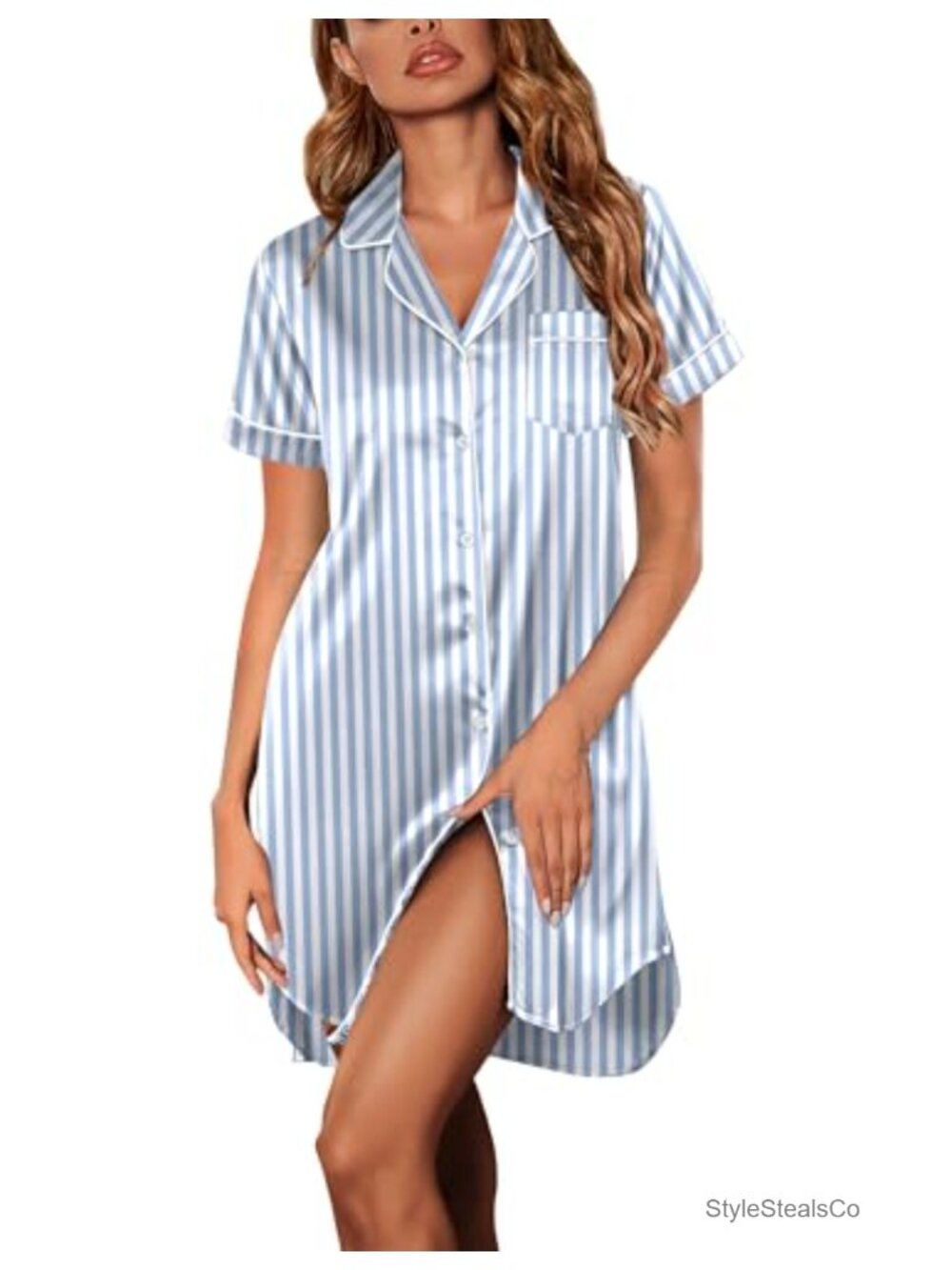 Satin Nightshirt Button Down Sleepshirt Short Sleeve Nightgown Boyfriend Notch